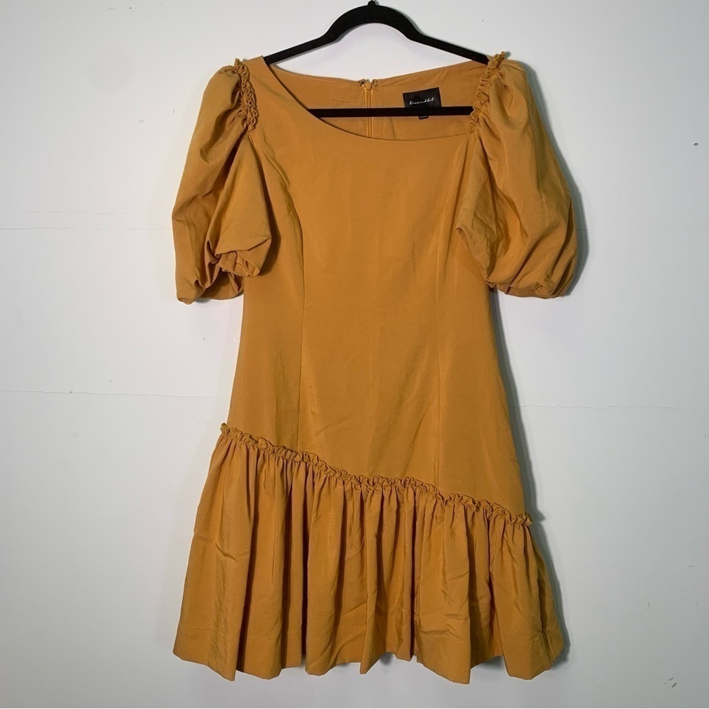 Line and Dot Mustard Balloon Sleeve Asymmetrical Ruffle Mini Dress size Small - Picture 3 of 8